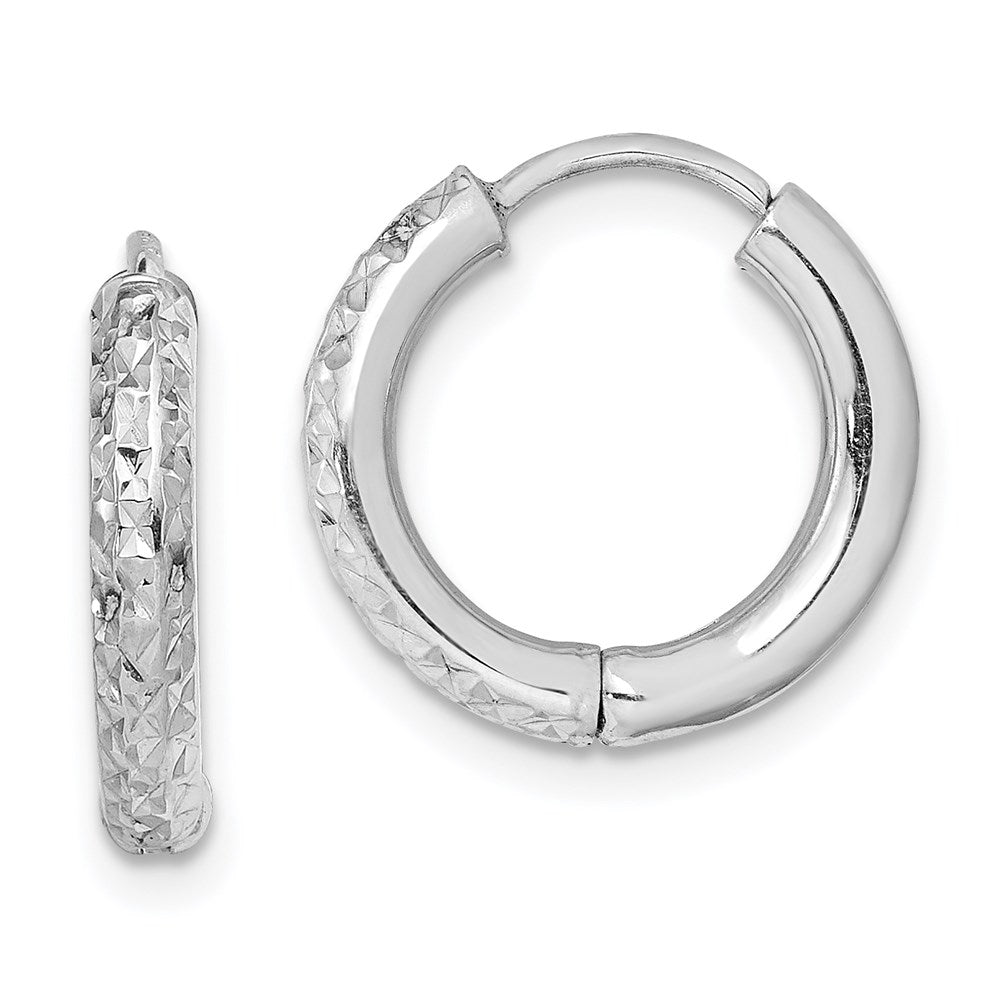Sterling Silver Rhodium Polished Diamond Cut Hinged Hoop Earrings