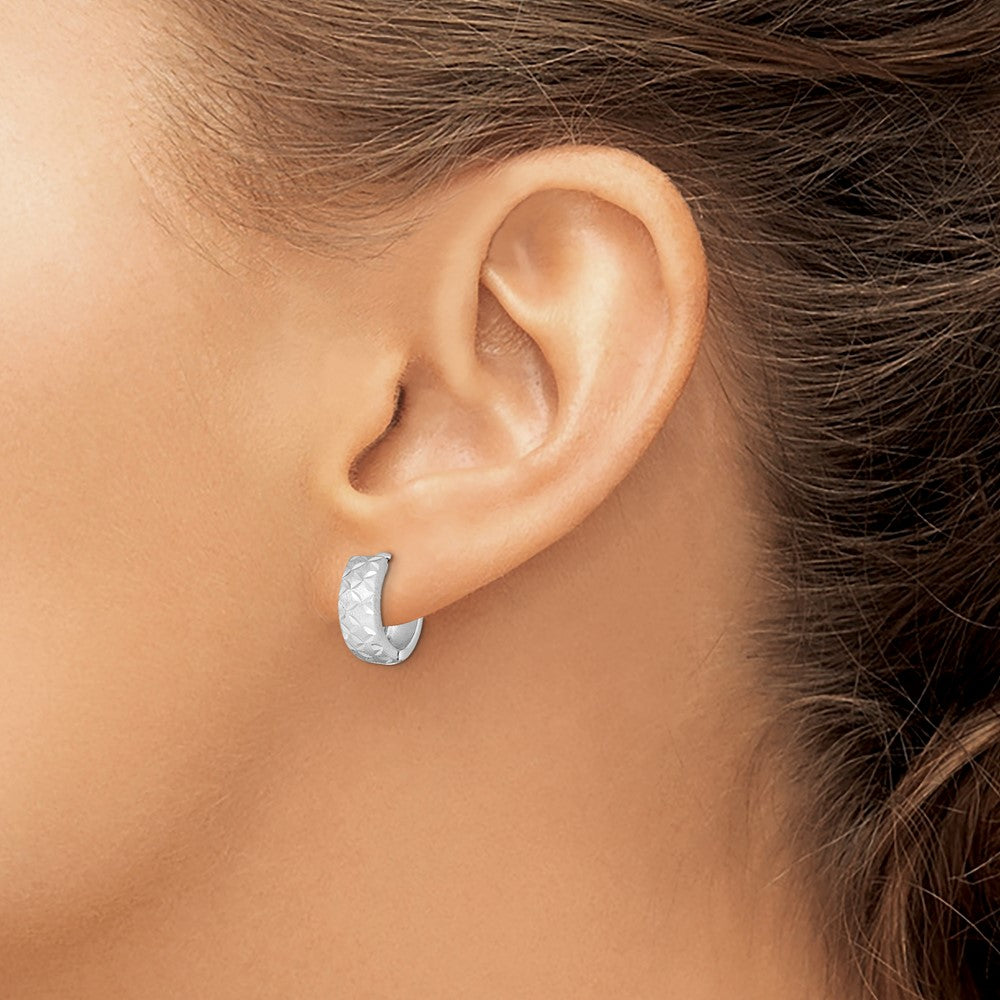 Sterling Silver Rhodium-Plated Diamond Cut Hinged Hoop Earrings