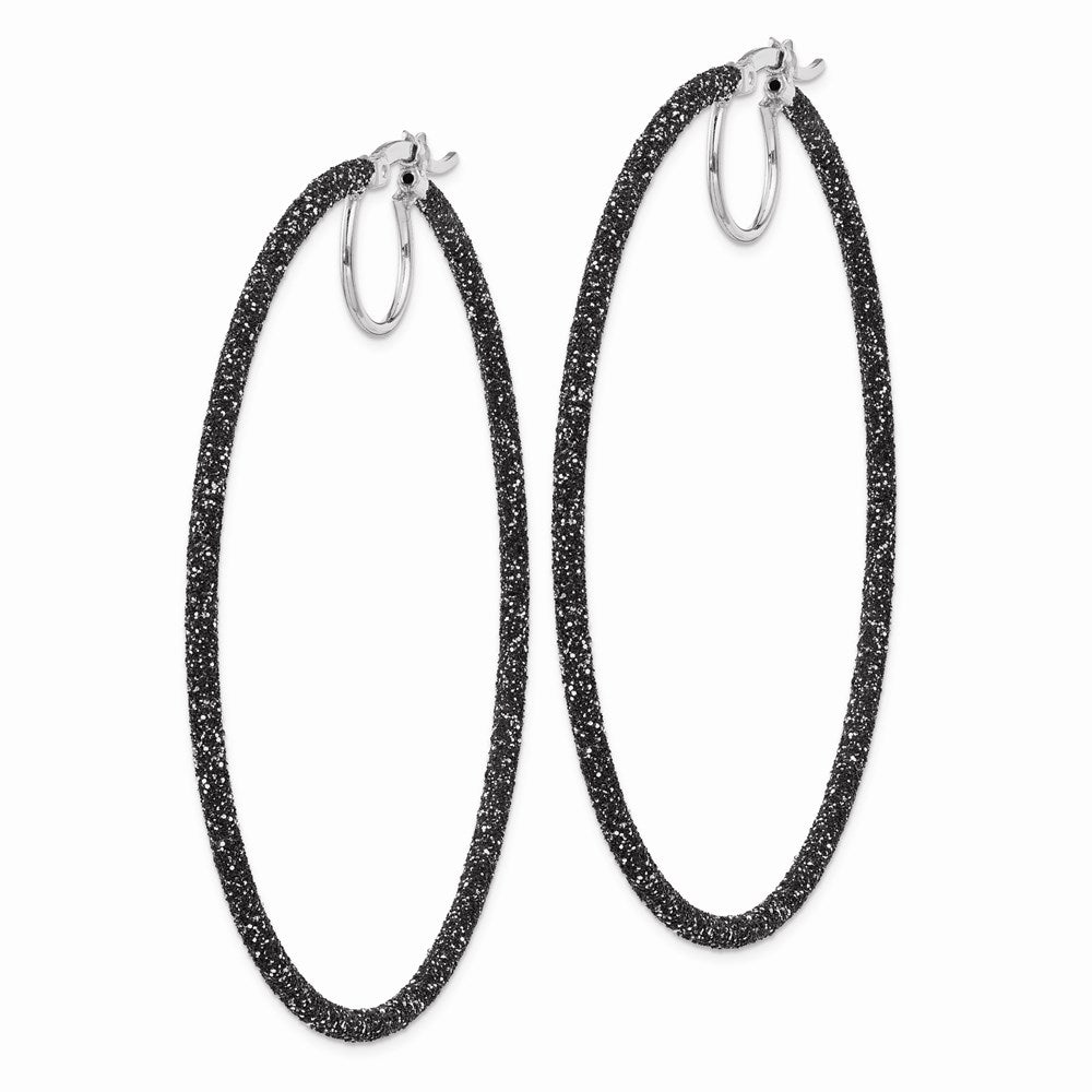 Sterling Silver Rhodium/Black Glitter Enamel 2X55mm Hoop Earrings