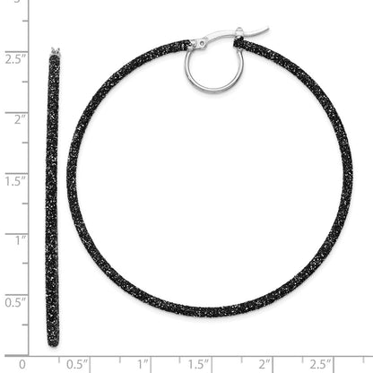 Sterling Silver Rhodium/Black Glitter Enamel 2X55mm Hoop Earrings