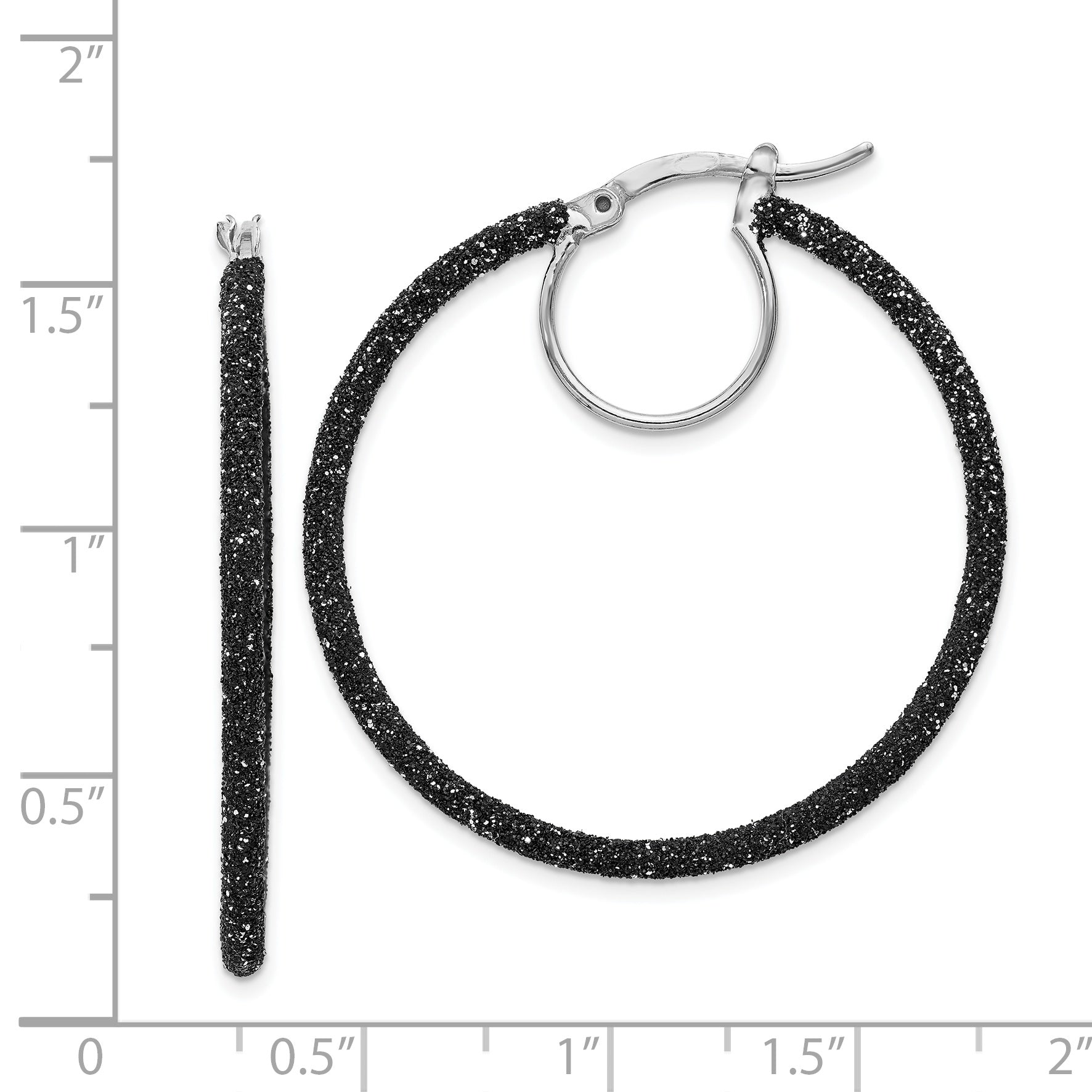 Sterling Silver Rhodium/Black Glitter Enamel 2X35mm Hoop Earrings
