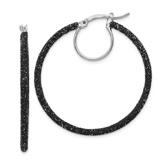 Sterling Silver Rhodium/Black Glitter Enamel 2X35mm Hoop Earrings