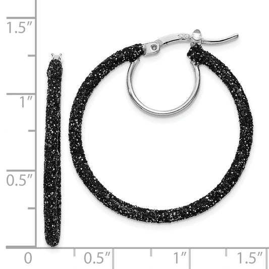 Sterling Silver Rhodium/Black Glitter Enamel 2X30mm Hoop Earrings