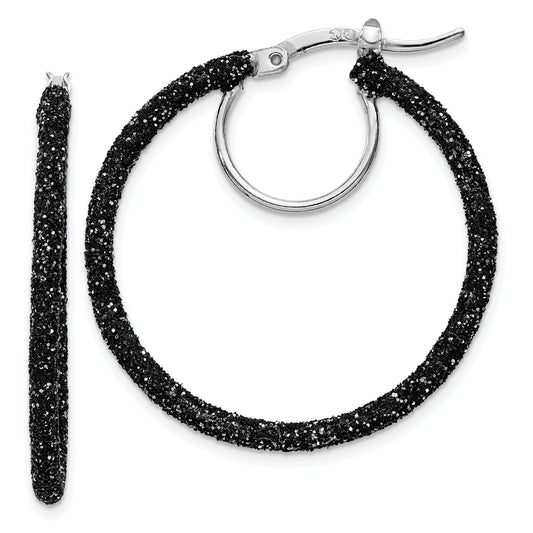 Sterling Silver Rhodium/Black Glitter Enamel 2X30mm Hoop Earrings