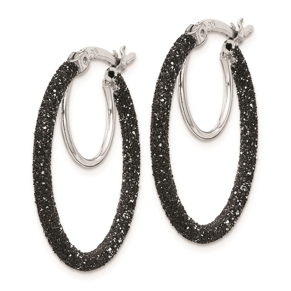 Sterling Silver Rhodium/Black Glitter Enamel 2X25mm Hoop Earrings