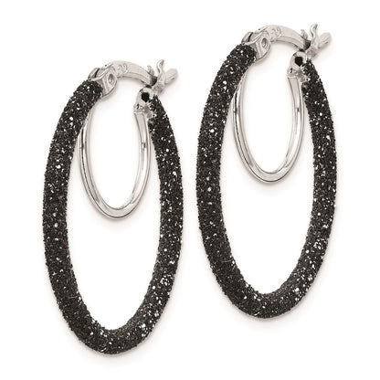 Sterling Silver Rhodium/Black Glitter Enamel 2X25mm Hoop Earrings