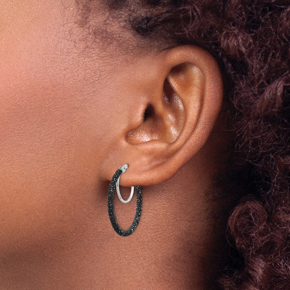 Sterling Silver Rhodium/Black Glitter Enamel 2X25mm Hoop Earrings