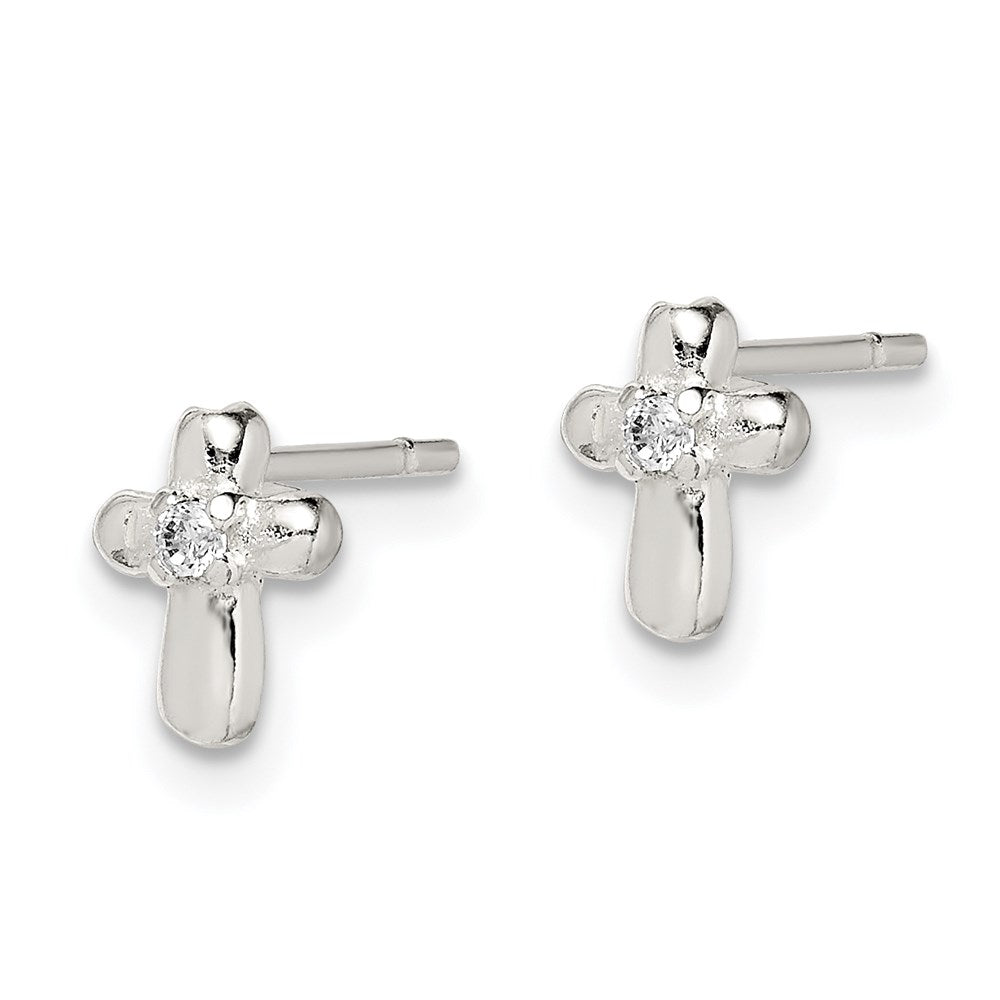 Sterling Silver Polished Cross With Cz Post Earrings