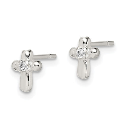 Sterling Silver Polished Cross With Cz Post Earrings