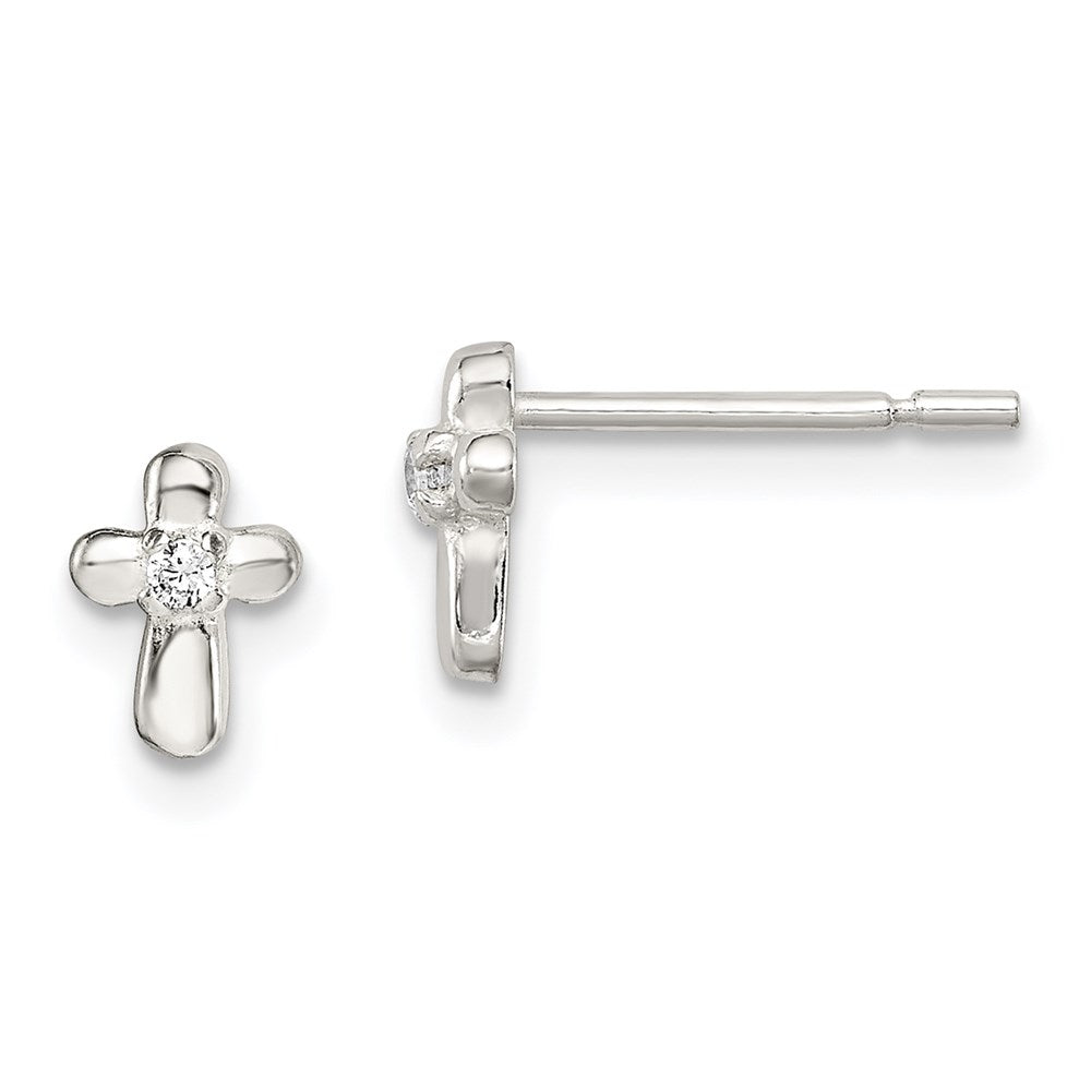 Sterling Silver Polished Cross With Cz Post Earrings