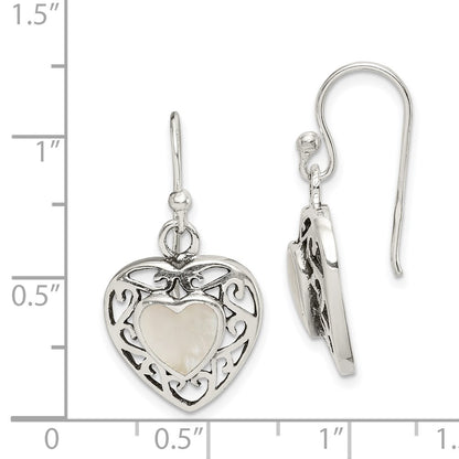Sterling Silver Antiqued Mother Of Pearl Heart Dangle Earrings