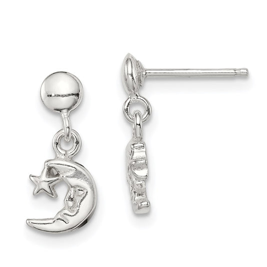 Sterling Silver Dangle Moon And Star Post Earrings