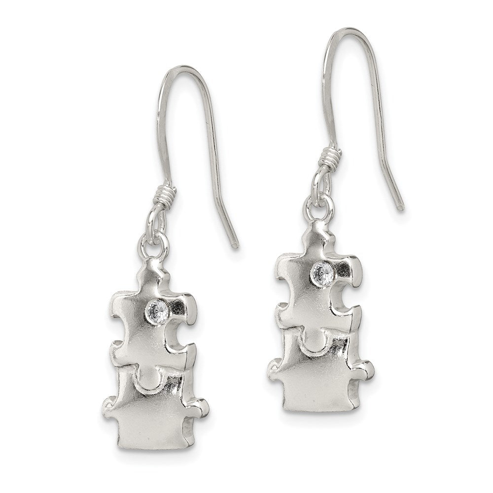 Sterling Silver Polished Cz Puzzle Pieces Dangle Earrings