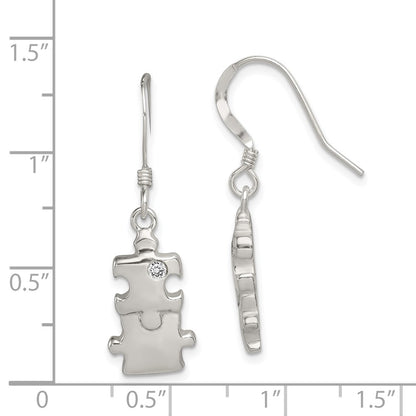 Sterling Silver Polished Cz Puzzle Pieces Dangle Earrings