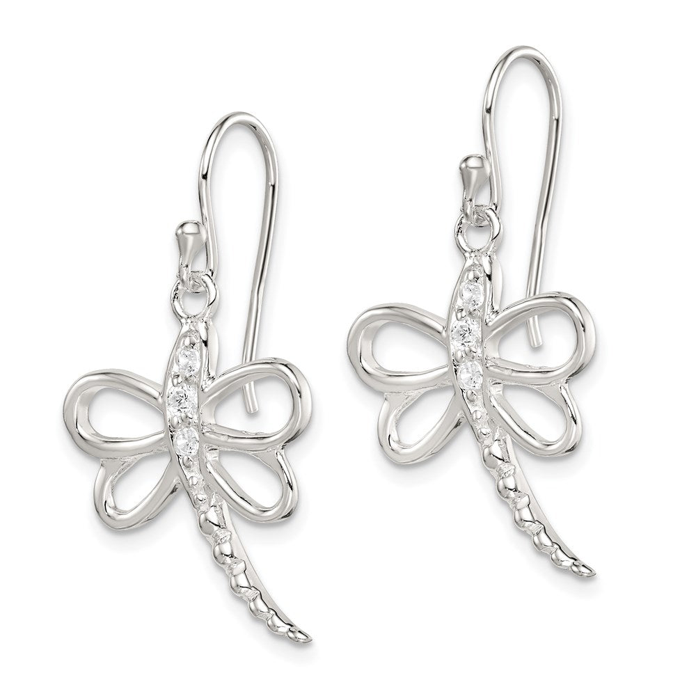 Sterling Silver Cz Dragonfly Shepherd Hook Earrings