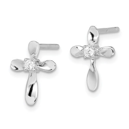 Sterling Silver Rhodium-Plated Polished Cz Cross Post Earrings