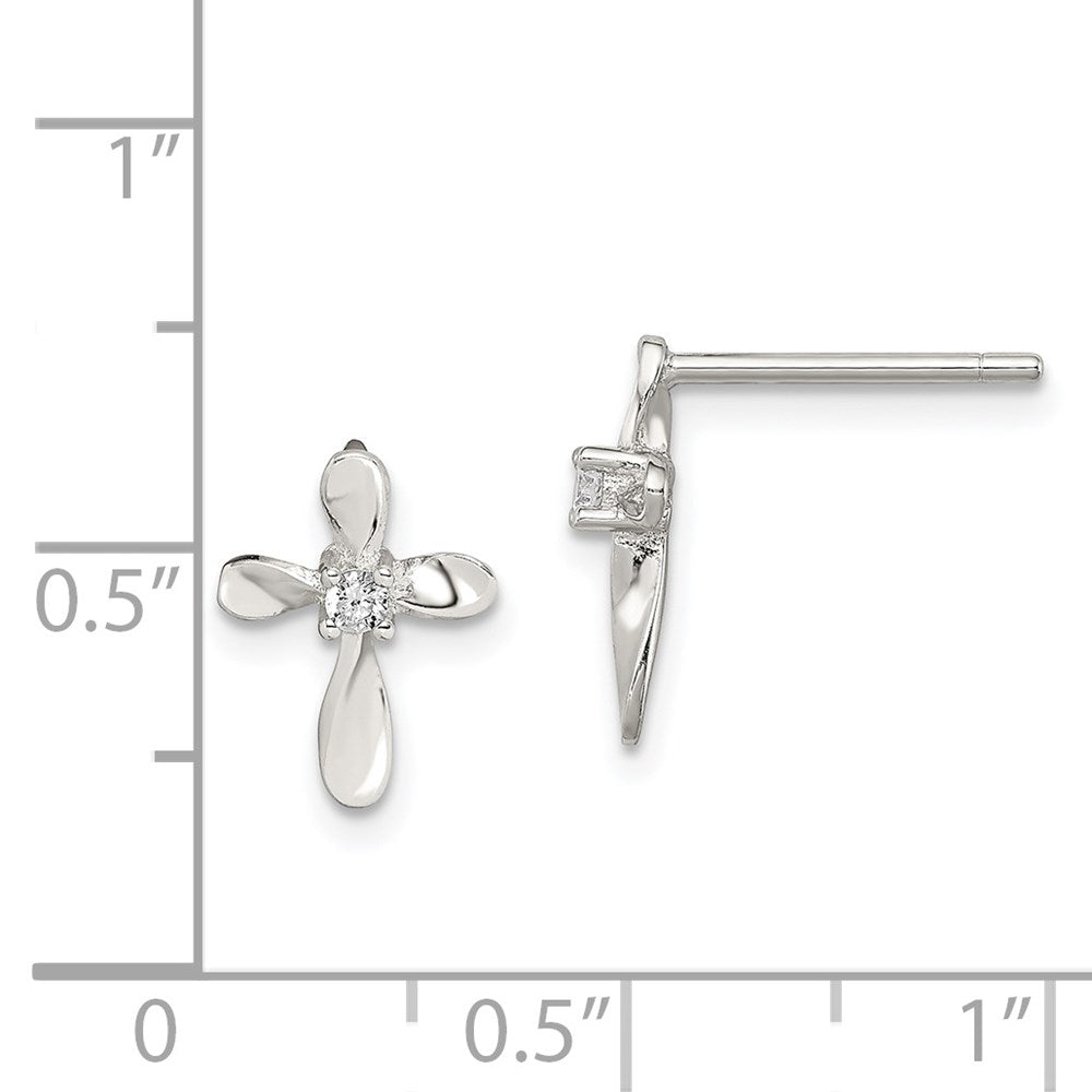 Sterling Silver Rhodium-Plated Polished Cz Cross Post Earrings