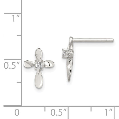 Sterling Silver Rhodium-Plated Polished Cz Cross Post Earrings