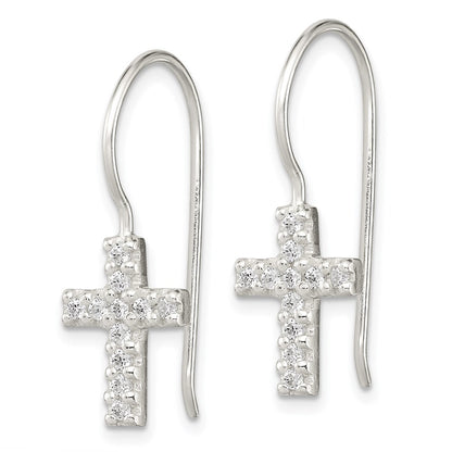 Sterling Silver Polished Cz Latin Cross Dangle Earrings
