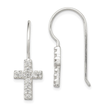 Sterling Silver Polished Cz Latin Cross Dangle Earrings