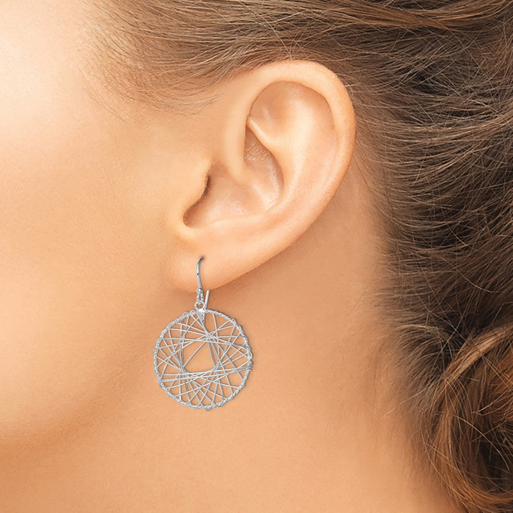 Sterling Silver Rhodium-Plated Textured Wrapped Wire Circle Dangle Earrings