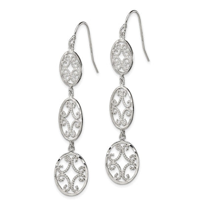 Sterling Silver Polished Diamond-Cut Filigree Triple Oval Dangle Earrings