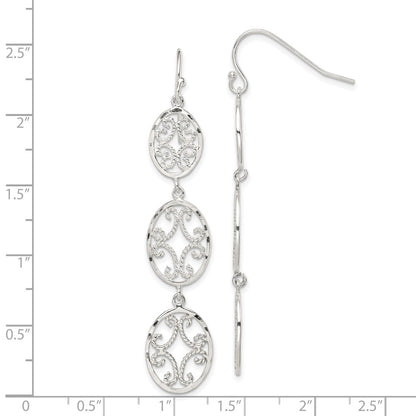 Sterling Silver Polished Diamond-Cut Filigree Triple Oval Dangle Earrings