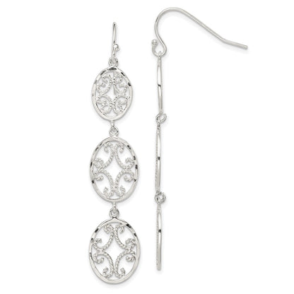 Sterling Silver Polished Diamond-Cut Filigree Triple Oval Dangle Earrings
