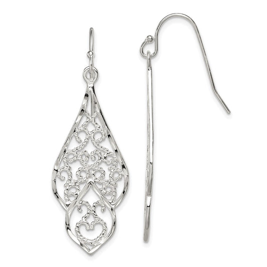 Sterling Silver Polished & Diamond-Cut Fancy Filigree Dangle Earrings