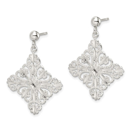 Sterling Silver Polished & Diamond-Cut Filigree Square Post Dangle Earrings