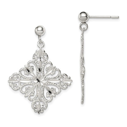 Sterling Silver Polished & Diamond-Cut Filigree Square Post Dangle Earrings
