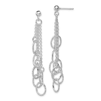 Sterling Silver Rh-Plated Polished Textured Oval & Chain Post Dangle Earrin