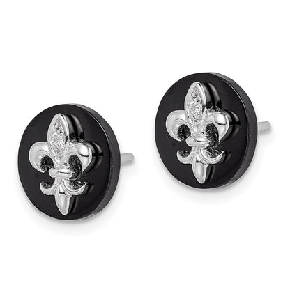 Sterling Silver Rhodium-Plated Cz Fleur De Lis Onyx Circle Stud Earrings