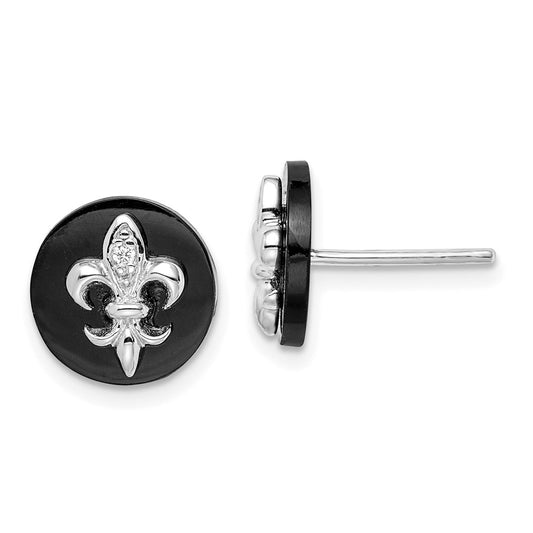 Sterling Silver Rhodium-Plated Cz Fleur De Lis Onyx Circle Stud Earrings