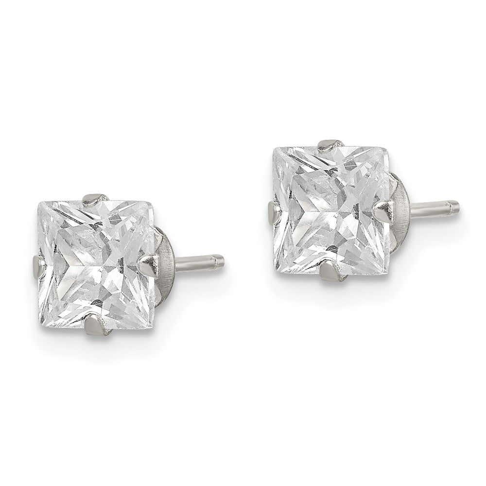 Sterling Silver Polished Princess 6mm Cz Snap Set Stud Earrings