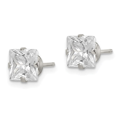 Sterling Silver Polished Princess 6mm Cz Snap Set Stud Earrings