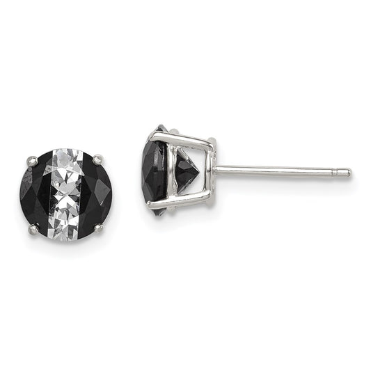 Sterling Silver Rh-Pltd Black/White 7mm Round Cz Basket Set Stud Earrings