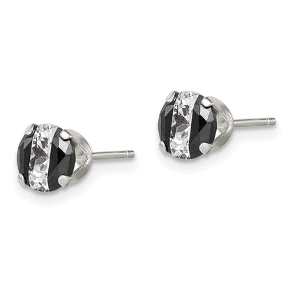 Sterling Silver Black & White 6mm Round Cz Snap-In Set Stud Earrings
