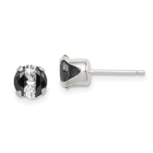 Sterling Silver Black & White 6mm Round Cz Snap-In Set Stud Earrings