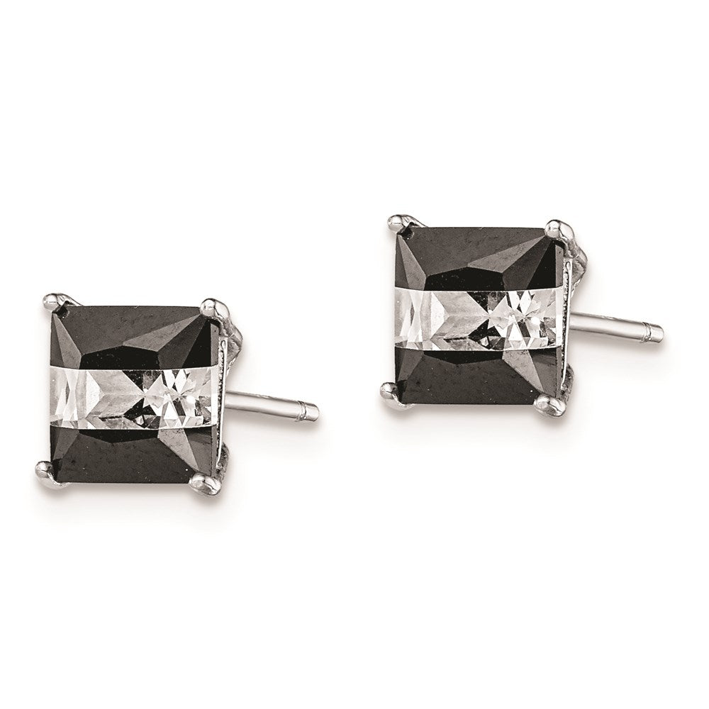 Sterling Silver Rh-Plated Black & White Square 6mm Cz Stud Earrings