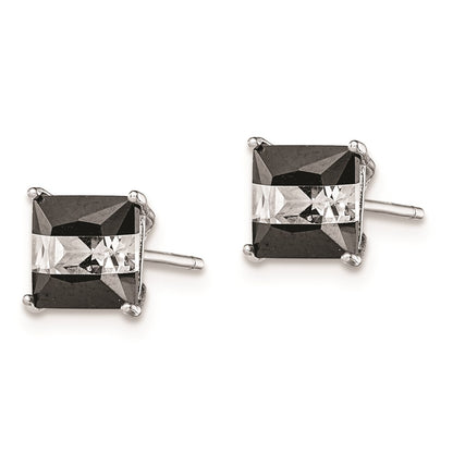 Sterling Silver Rh-Plated Black & White Square 6mm Cz Stud Earrings