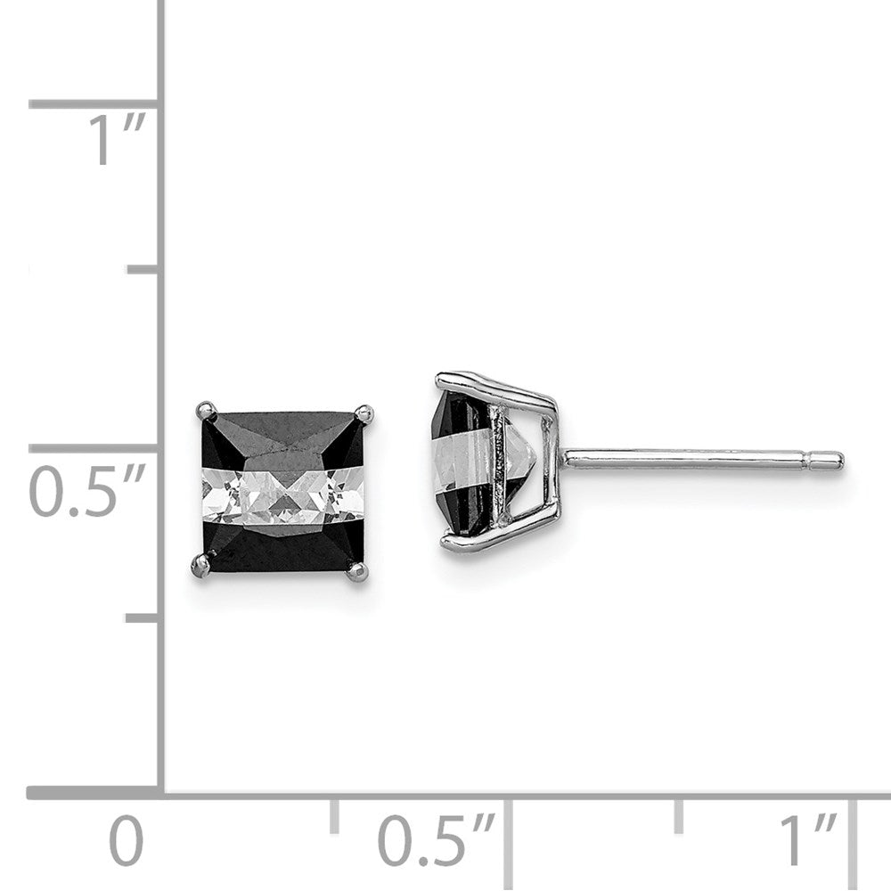 Sterling Silver Rh-Plated Black & White Square 6mm Cz Stud Earrings