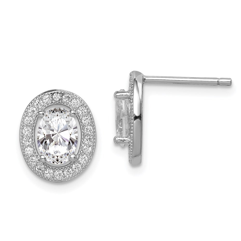 Sterling Silver Rhodium-Plated Polished Pav Cz Oval Post Earrings