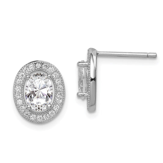 Sterling Silver Rhodium-Plated Polished Pav Cz Oval Post Earrings
