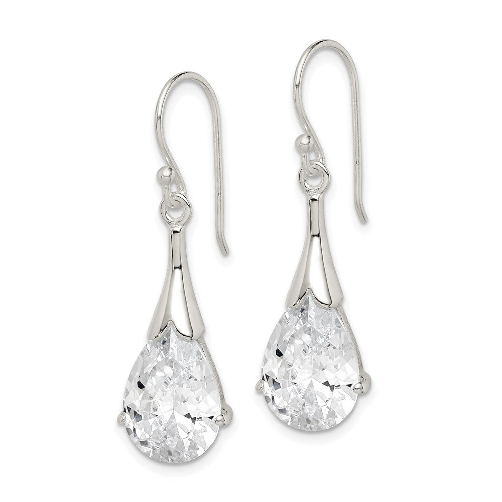 Sterling Silver Polished Cz Teardrop Dangle Earrings