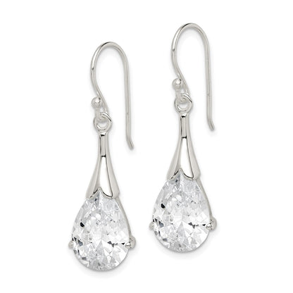 Sterling Silver Polished Cz Teardrop Dangle Earrings