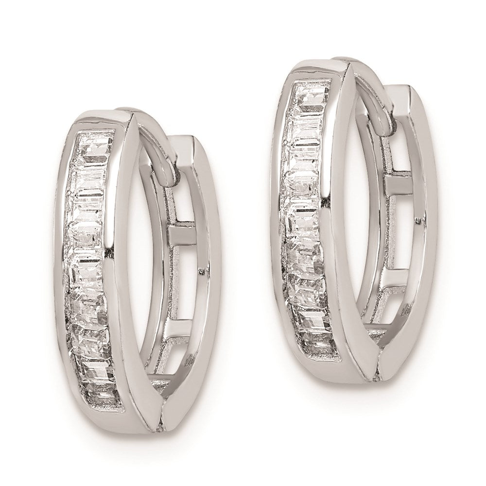 Sterling Silver Rhodium-Plated Cz Baguette Hinged Hoop Earrings