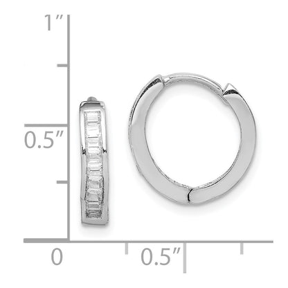 Sterling Silver Rhodium-Plated Cz Baguette Hinged Hoop Earrings