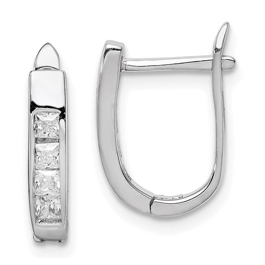 Sterling Silver Rhodium-Plated Cz Hinged Hoop Earrings