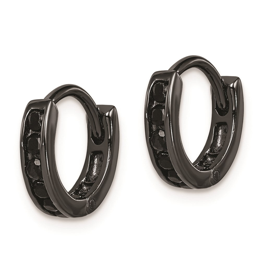 Sterling Silver Black Rh-Plated Cz Hinged Round Hoop Earrings